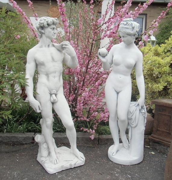 Gartenfiguren, David & Eva mit Apfel in der Hand, Statuen, Park & Gartendeko, Skulpturen, Steinfiguren, Steinguss