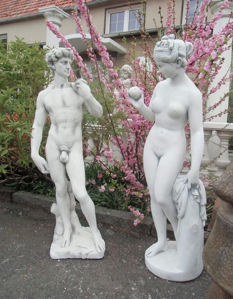 Gartenfiguren, David & Eva mit Apfel in der Hand, Statuen, Park & Gartendeko, Skulpturen, Steinfiguren, Steinguss