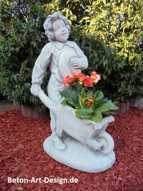 Gartenfigur, Steinfigur "Junge mit Schubkarre" bepflanzbar, Park & Gartendekoration, Statue, Steinguss