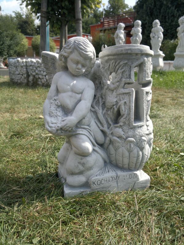Gartenfigur, stilvoller Grabengel mit Vase / Lampe 36 cm hoch, Gartendekoration, Steinguss, Skulptur, Steinfigur, Grabdekoration