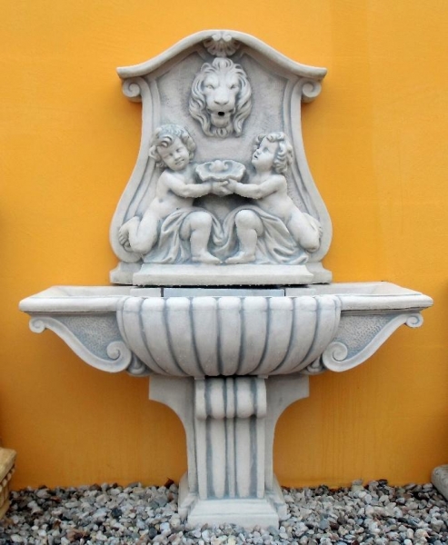 Wandbrunnen mit Engelmotiv, Steinbrunnen, Gartenbrunnen, Park & Gartendekoration, Steinguss